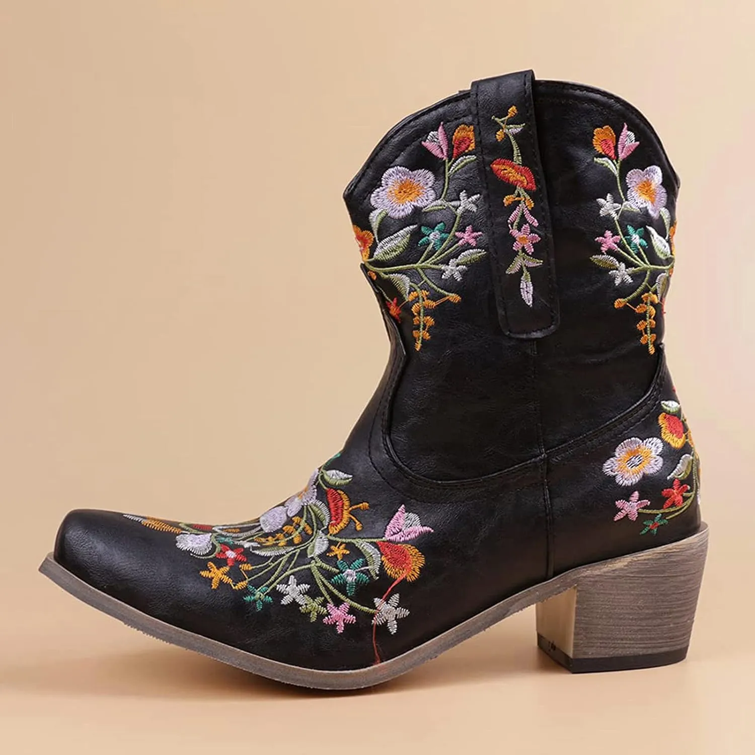 Cowboy Boots for Women Ankle Cowgirl Floral Embroidery Stitched Chunky Heel Pointy Toe Retro Western Boots