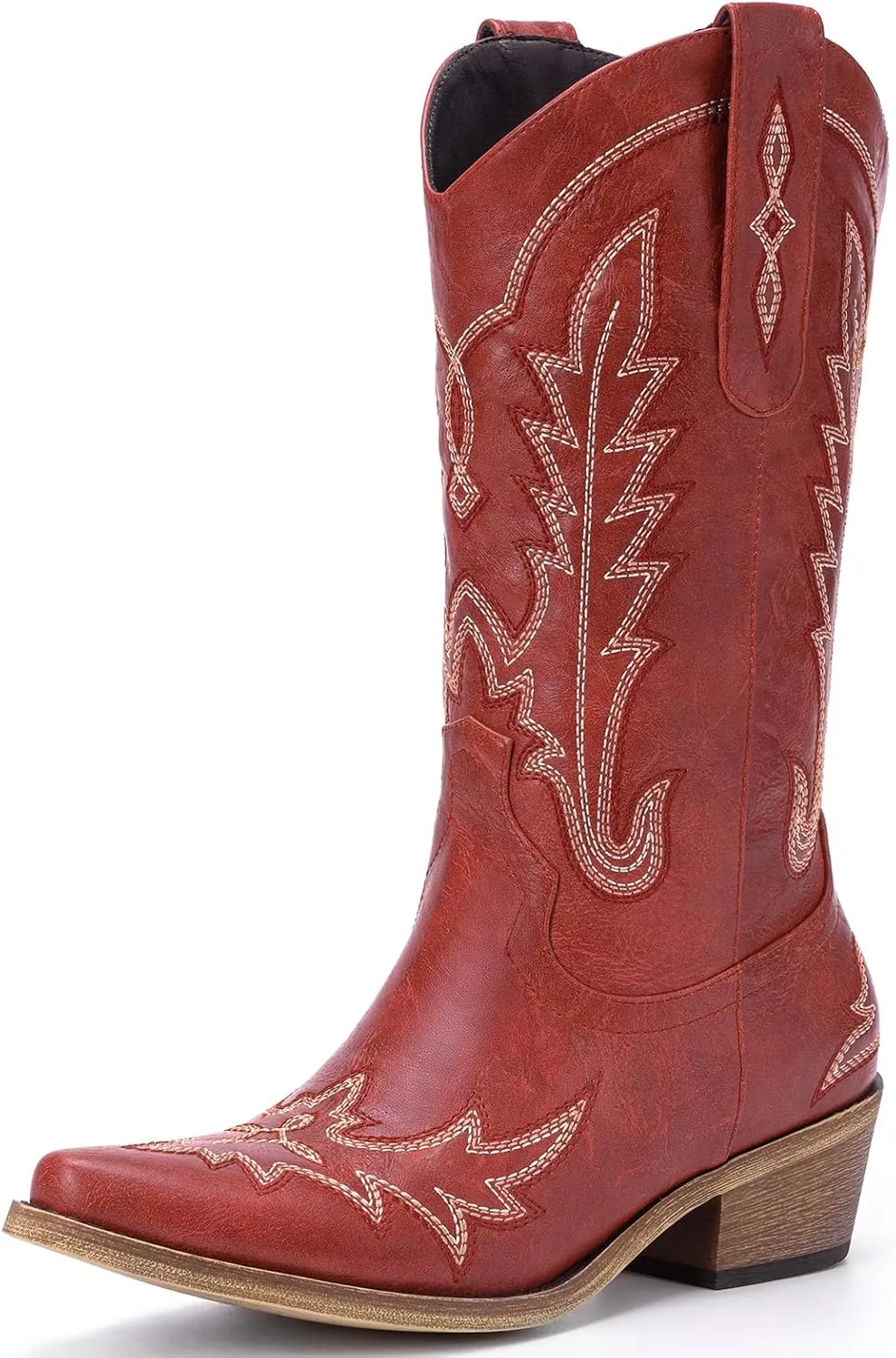 Cowboy Boots for Women - Cowgirl Boots with Embroidery, Chunky Heel Pointed Toe Pull-on Vintage Western Mid Calf Fashion Boots for Ladies