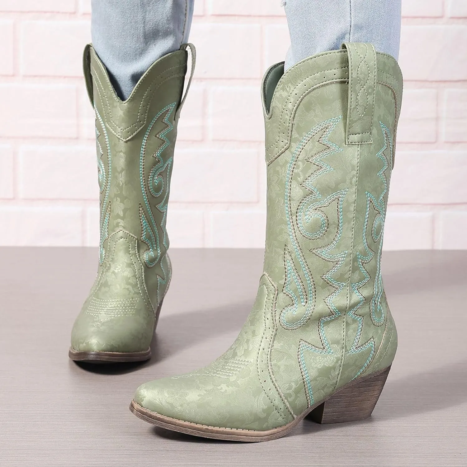Cowboy Boots for Women Cowgirl Mid Calf Western Pointy Toe Boots Embroidered Stitched Chunky Heel Red Brown US5-11
