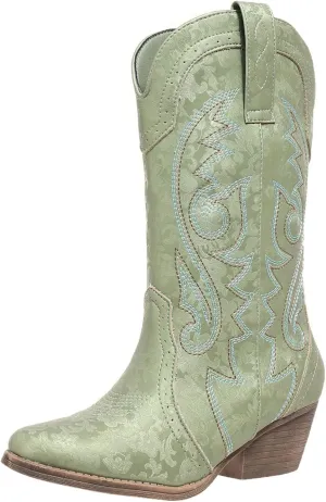 Cowboy Boots for Women Cowgirl Mid Calf Western Pointy Toe Boots Embroidered Stitched Chunky Heel Red Brown US5-11