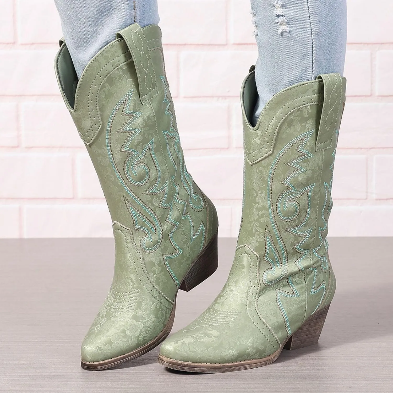 Cowboy Boots for Women Cowgirl Mid Calf Western Pointy Toe Boots Embroidered Stitched Chunky Heel Red Brown US5-11