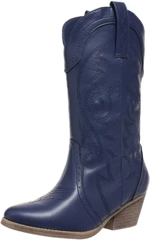 Cowboy Boots for Women Cowgirl Mid Calf Western Pointy Toe Boots Embroidered Stitched Chunky Heel Red Brown US5-11