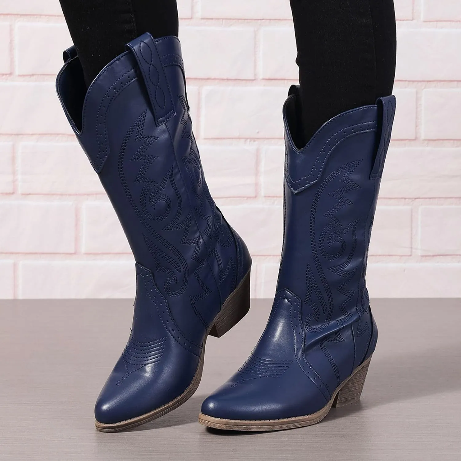 Cowboy Boots for Women Cowgirl Mid Calf Western Pointy Toe Boots Embroidered Stitched Chunky Heel Red Brown US5-11