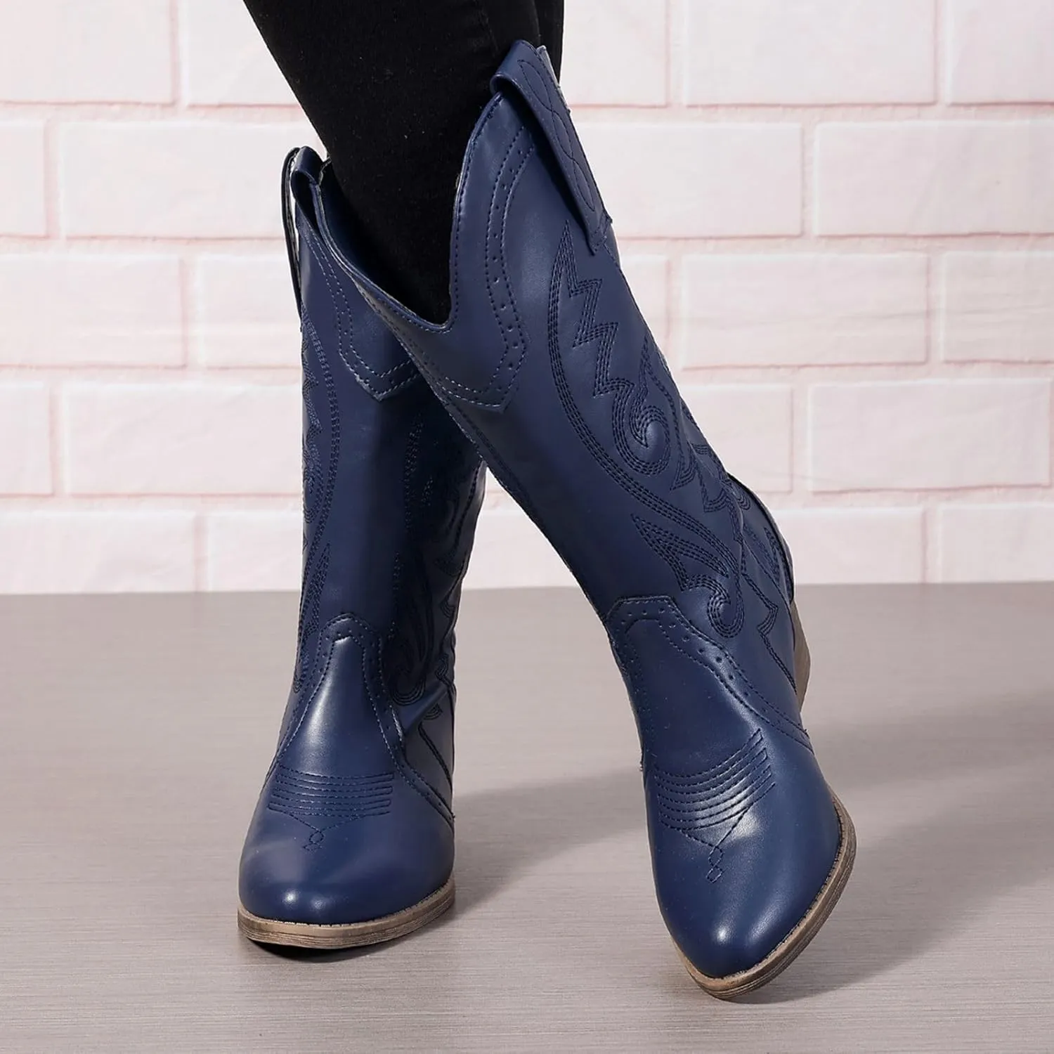 Cowboy Boots for Women Cowgirl Mid Calf Western Pointy Toe Boots Embroidered Stitched Chunky Heel Red Brown US5-11