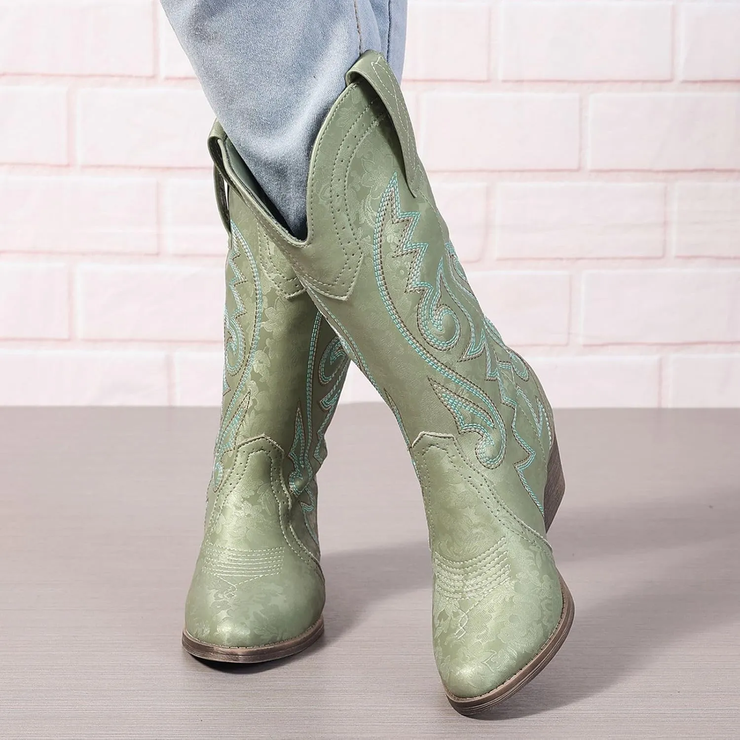Cowboy Boots for Women Cowgirl Mid Calf Western Pointy Toe Boots Embroidered Stitched Chunky Heel Red Brown US5-11