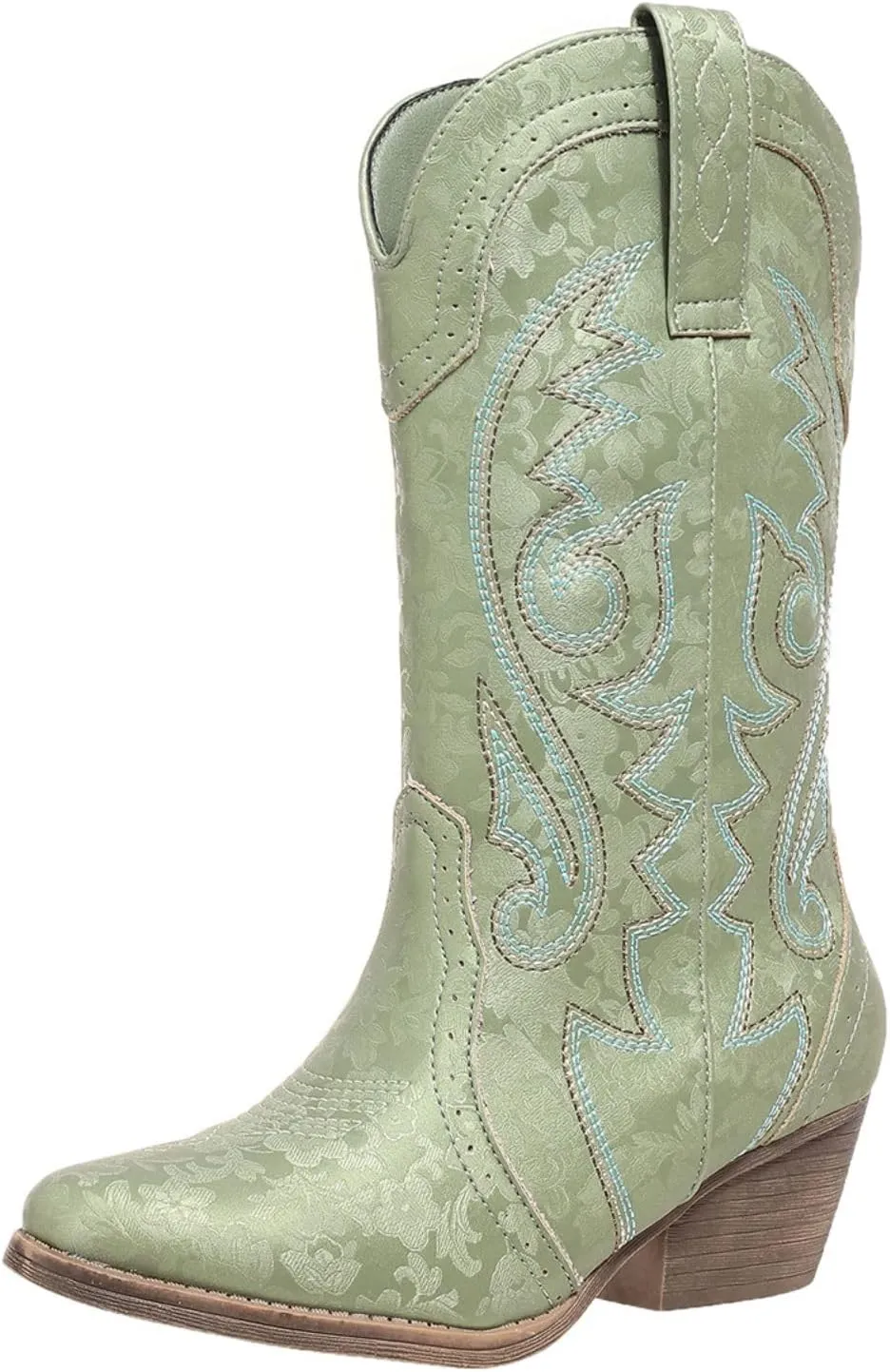 Cowboy Boots for Women Cowgirl Mid Calf Western Pointy Toe Boots Embroidered Stitched Chunky Heel Red Brown US5-11