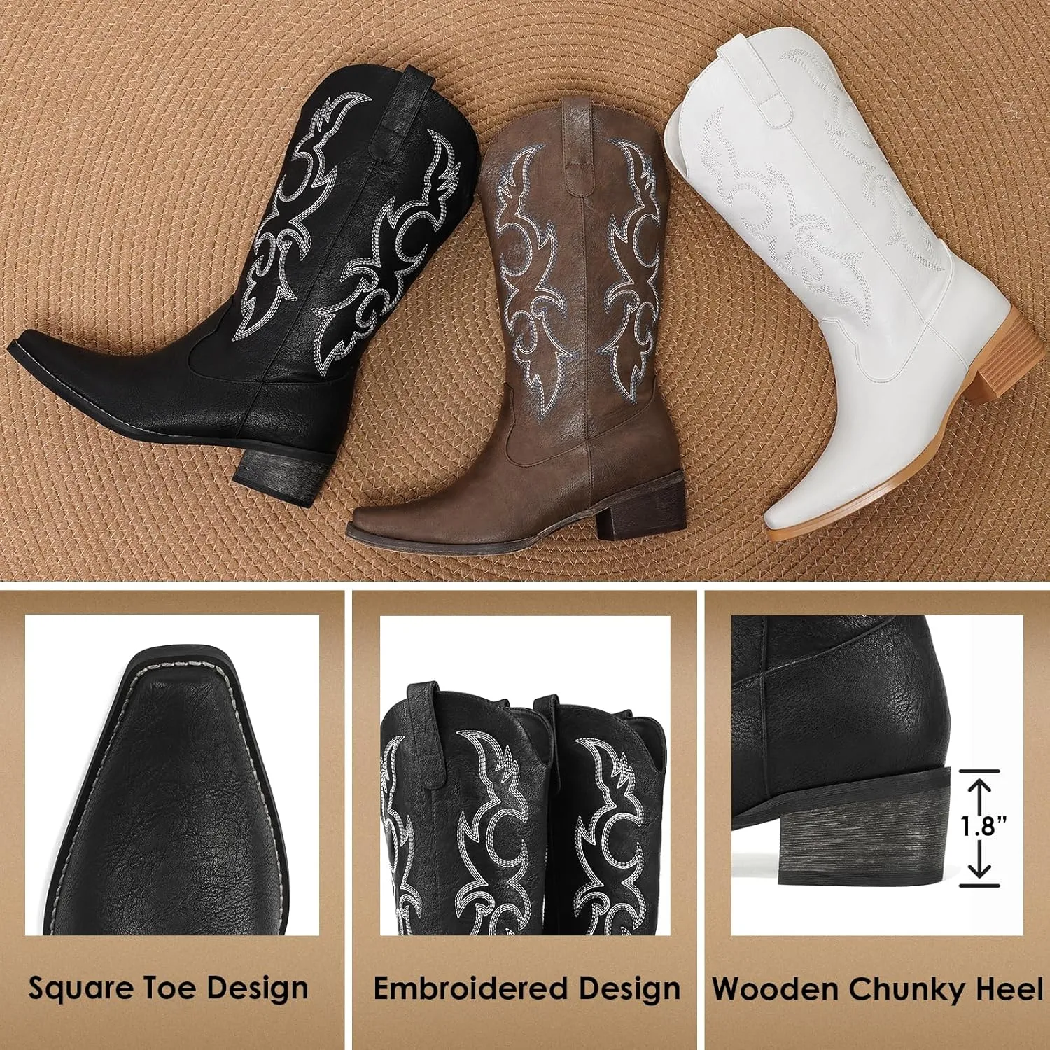Cowboy Boots for Women - Embroidered Cowgirl Boots Western Mid Calf Fashion Chunky Heel Pointed Toe Country Boot