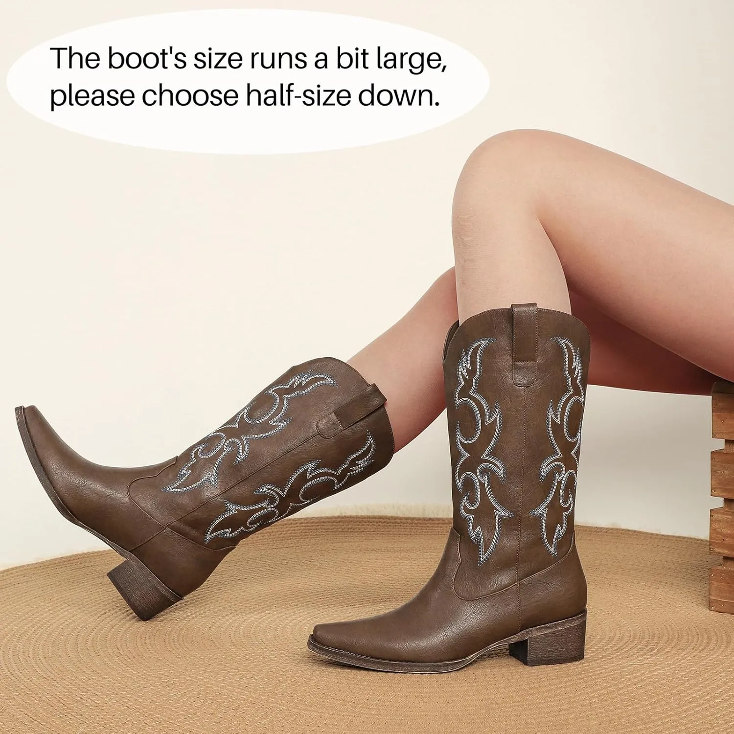 Cowboy Boots for Women - Embroidered Cowgirl Boots Western Mid Calf Fashion Chunky Heel Pointed Toe Country Boot
