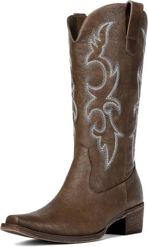 Cowboy Boots for Women - Embroidered Cowgirl Boots Western Mid Calf Fashion Chunky Heel Pointed Toe Country Boot
