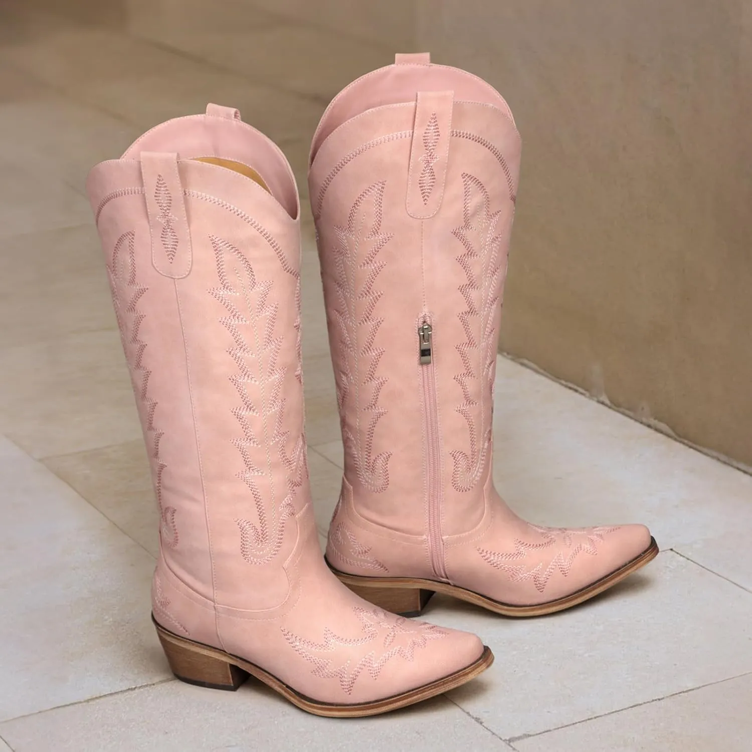 Cowboy Boots for Women - Knee High Embroidered Western Cowgirl Boots, Pointed Toe Chunky Heel Retro Country Boots, Pull On Zipper Vintage Fashion Tall Boots for Girls Ladies