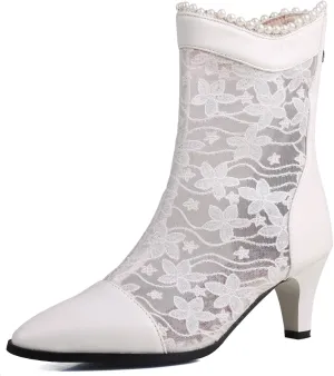 Cozivwaiy Women's Lace Boots Fashion Summer Mid Calf Heels Pointed Toe Wedding Party Shoes