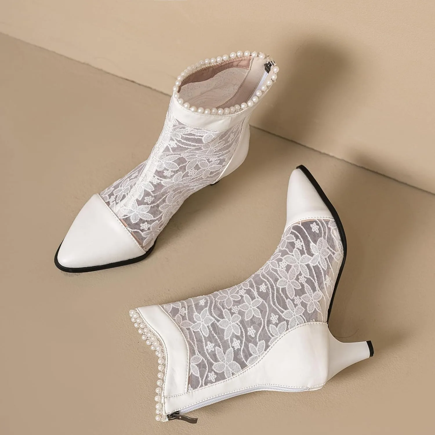 Cozivwaiy Women's Lace Boots Fashion Summer Mid Calf Heels Pointed Toe Wedding Party Shoes