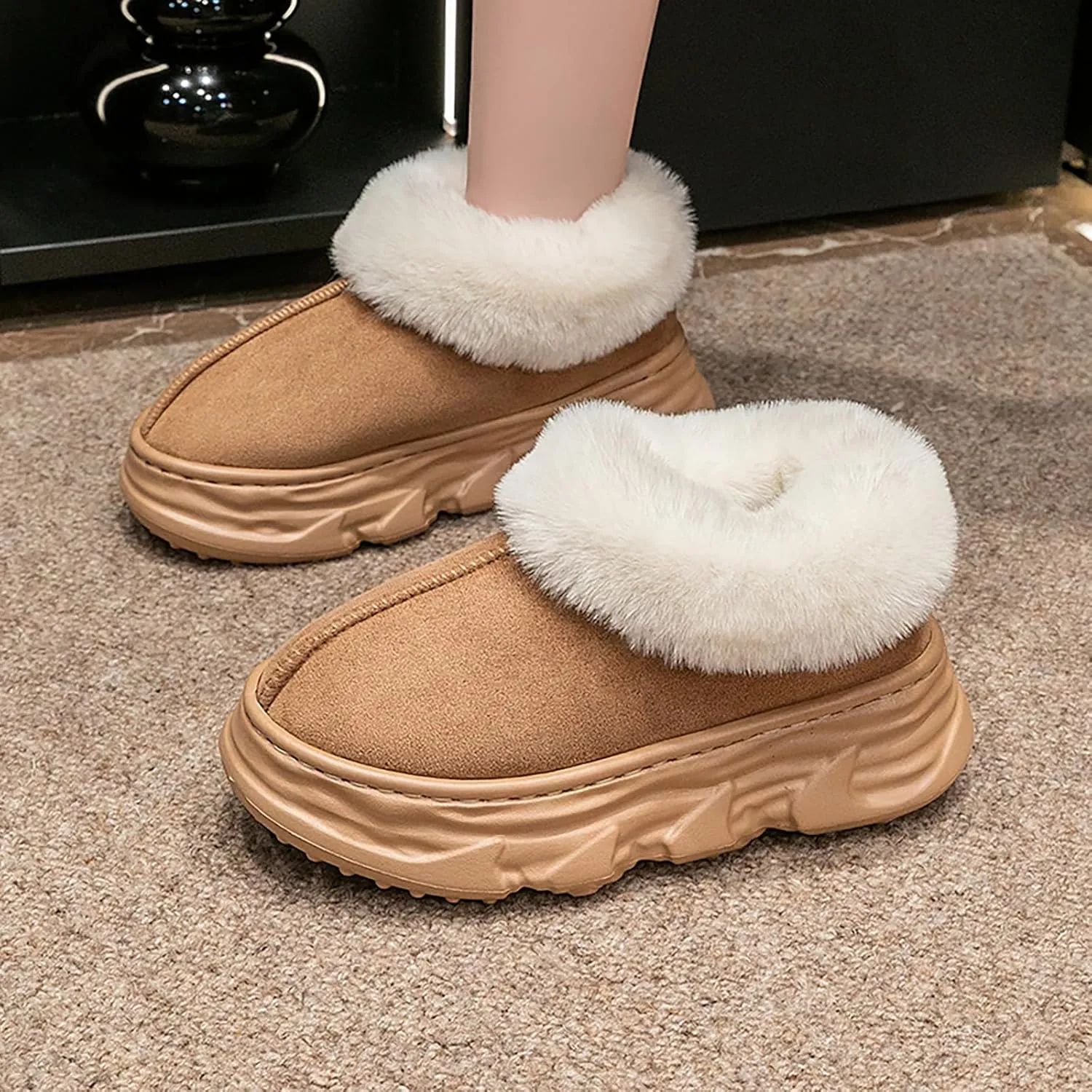 Crazy Lady Womens Winter Slippers Platform Fuzzy Outdoor Indoor Shoes Mini Boots
