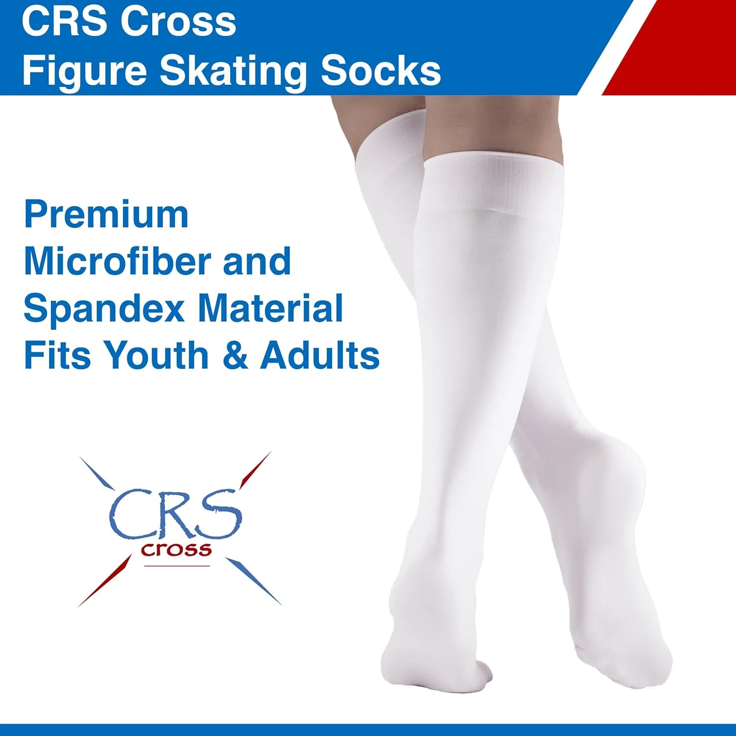 CRS Cross Figure Skating Socks. 2 Pair Knee High Tights. Premium Footed Ice Skate Dance Socks in a Variety of Colors.