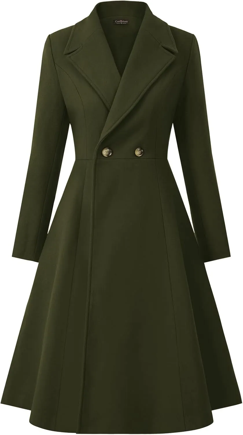 CURLBIUTY Women's Pea Coat Double Breasted A Line Long Trench Coat Winter Dress Coat with Pockets