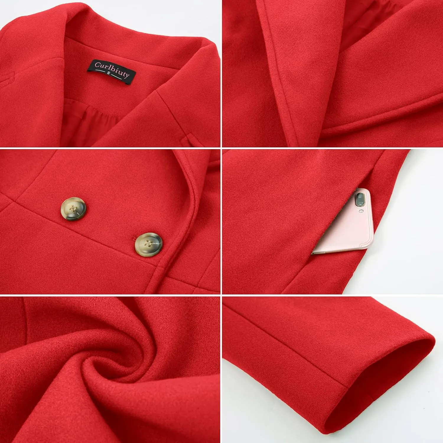 CURLBIUTY Women's Pea Coat Double Breasted A Line Long Trench Coat Winter Dress Coat with Pockets