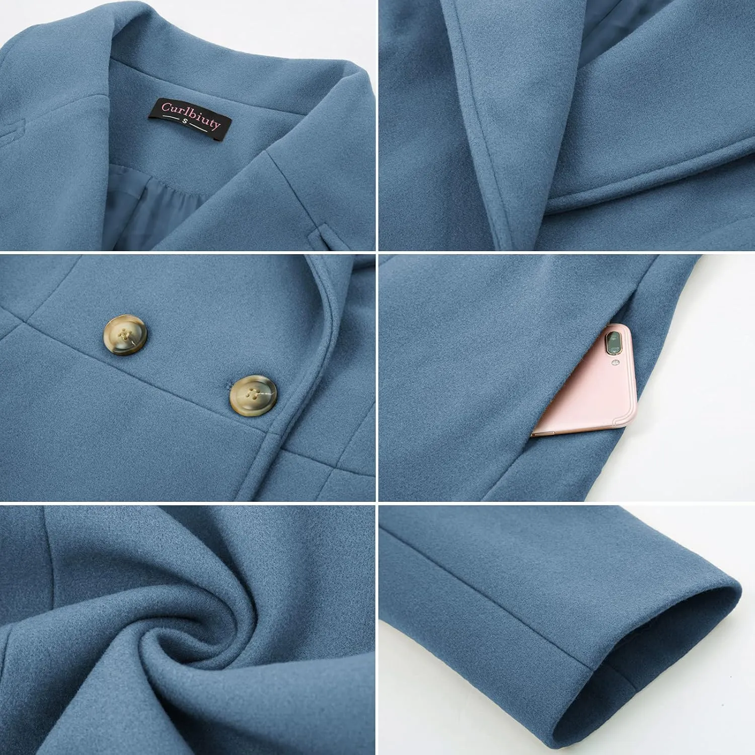 CURLBIUTY Women's Pea Coat Double Breasted A Line Long Trench Coat Winter Dress Coat with Pockets