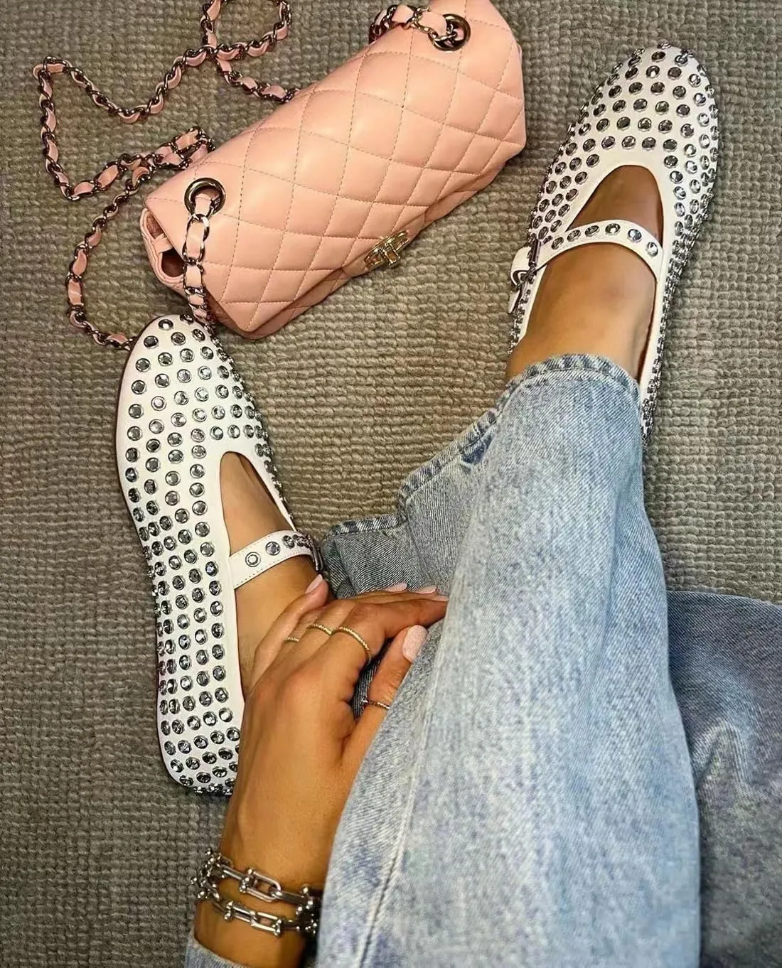 Divanne Ballet Flats for Women, Leopard Ballerina Shoes Crystal-Embellished Mary Jane Flats Mesh Flat Shoes