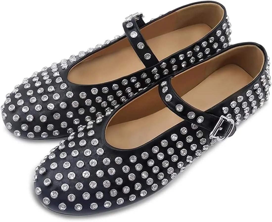 Divanne Ballet Flats for Women, Leopard Ballerina Shoes Crystal-Embellished Mary Jane Flats Mesh Flat Shoes