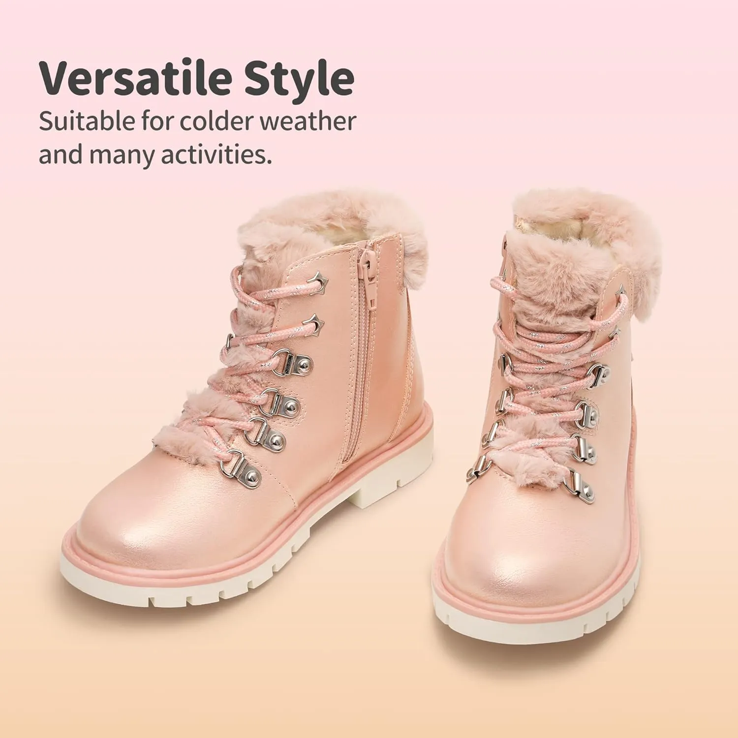 DREAM PAIRS Girls Kids Side Zipper Lace up Faux Fur Ankle Boots