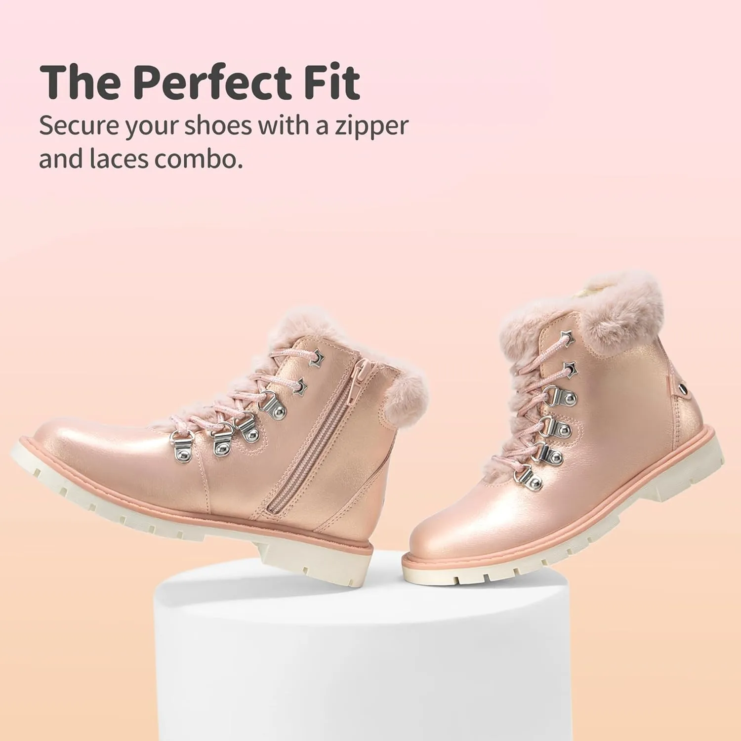 DREAM PAIRS Girls Kids Side Zipper Lace up Faux Fur Ankle Boots