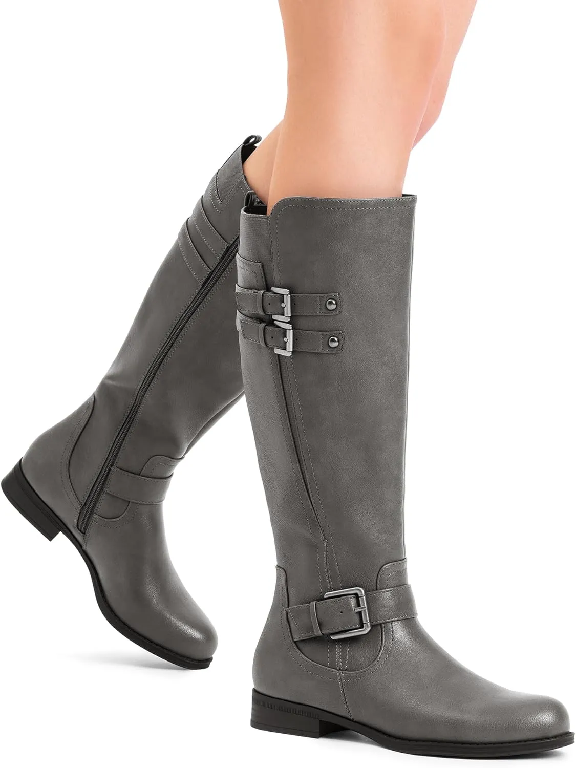 DREAM PAIRS Women's Knee High Riding Pirate Boots, Comfortable Low Chunky Heel Flat Motorcycle Buckle Boots for Women