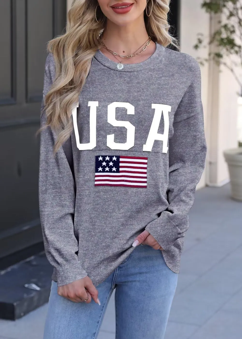 Dressmine Womens American Flag Sweater Knit Long Sleeve Crew Neck Graphic Elegant Soft Loose Pullover