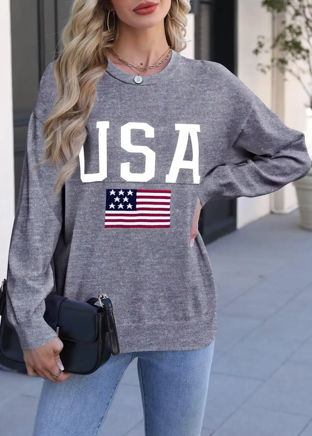Dressmine Womens American Flag Sweater Knit Long Sleeve Crew Neck Graphic Elegant Soft Loose Pullover