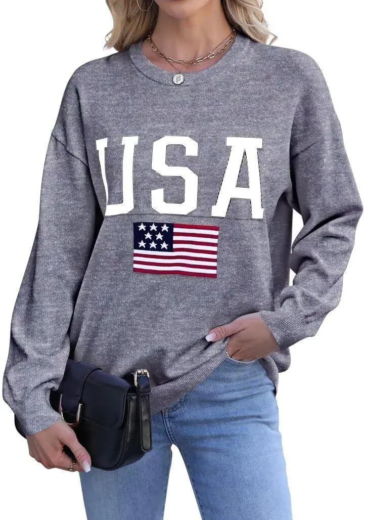 Dressmine Womens American Flag Sweater Knit Long Sleeve Crew Neck Graphic Elegant Soft Loose Pullover