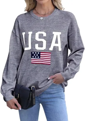 Dressmine Womens American Flag Sweater Knit Long Sleeve Crew Neck Graphic Elegant Soft Loose Pullover