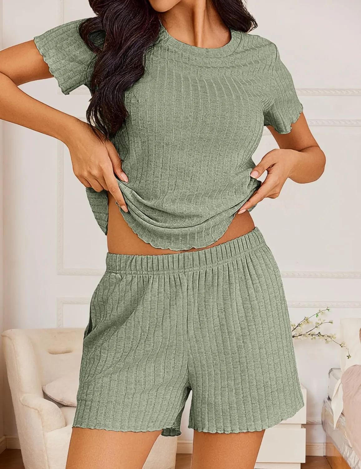 Ekouaer Pajamas Sets for Women Ribbed Knit Sleepwear Set Soft Short Sleeve Pjs with Pockets Casual Lounge Sets with Pockets
