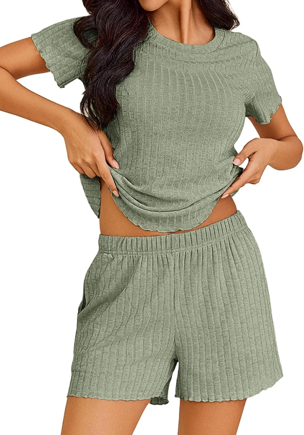 Ekouaer Pajamas Sets for Women Ribbed Knit Sleepwear Set Soft Short Sleeve Pjs with Pockets Casual Lounge Sets with Pockets