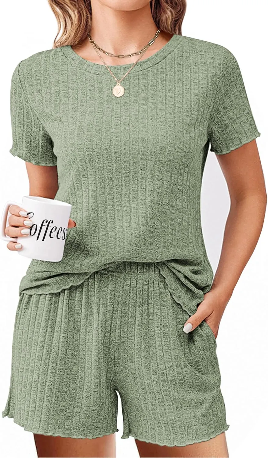 Ekouaer Pajamas Sets for Women Ribbed Knit Sleepwear Set Soft Short Sleeve Pjs with Pockets Casual Lounge Sets with Pockets