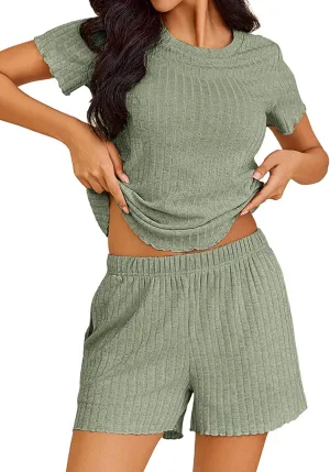 Ekouaer Pajamas Sets for Women Ribbed Knit Sleepwear Set Soft Short Sleeve Pjs with Pockets Casual Lounge Sets with Pockets