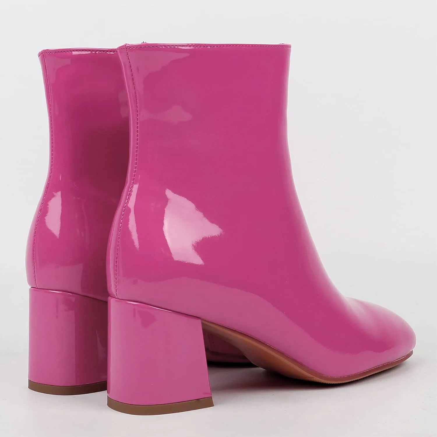 Elbslutt Women's Chunky Heeled Booties Patent Leather Square Toe Ankle Boots Zip Up Block Heel Wide Calf Short Boots