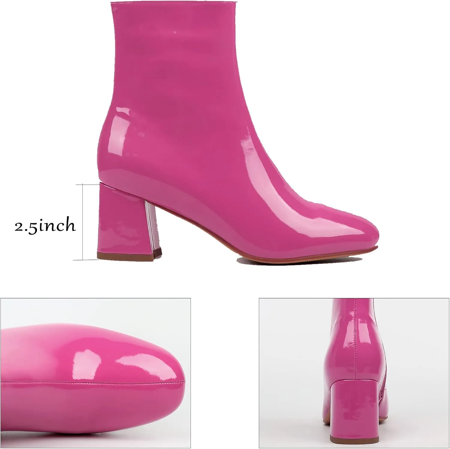 Elbslutt Women's Chunky Heeled Booties Patent Leather Square Toe Ankle Boots Zip Up Block Heel Wide Calf Short Boots