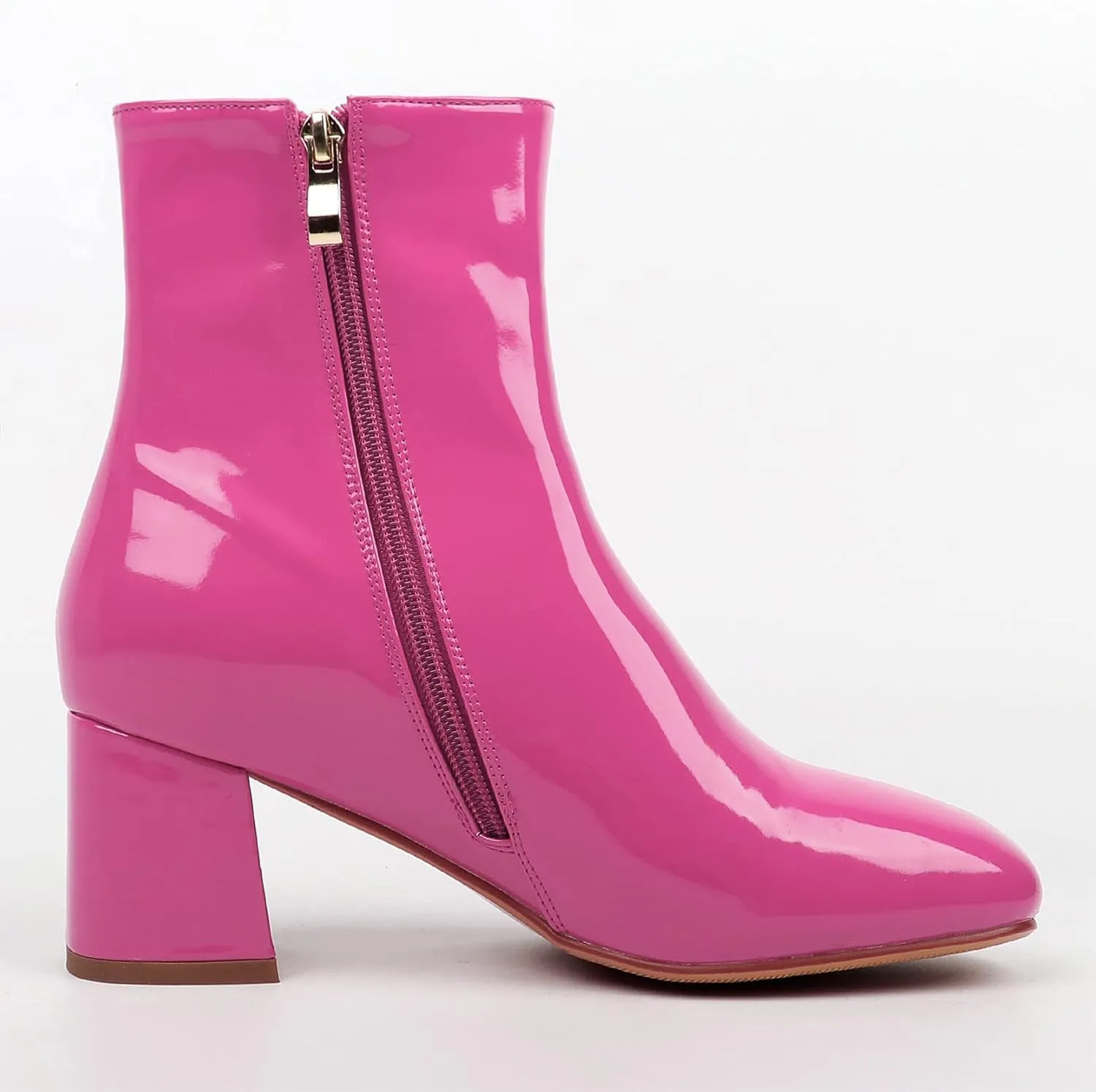 Elbslutt Women's Chunky Heeled Booties Patent Leather Square Toe Ankle Boots Zip Up Block Heel Wide Calf Short Boots