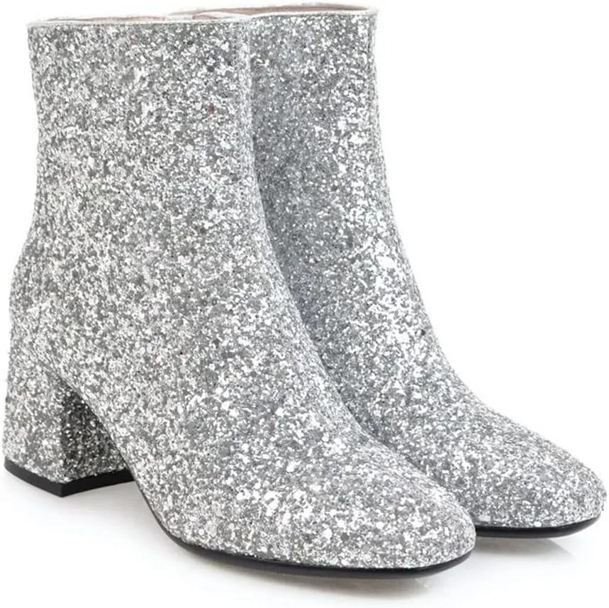 Elbslutt Women's Glitter Sparkly Booties Chunky Heels Ankle Boots Back Zipper Block Heeled Short Sequin Boots Wedding Bridal Party Dress Shoes