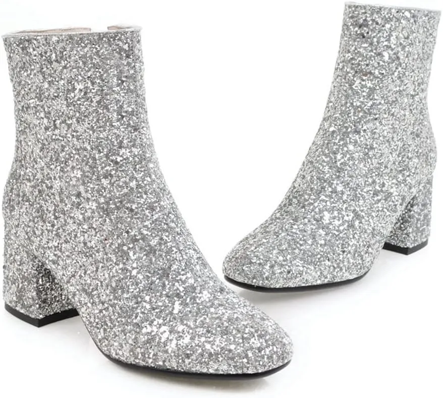 Elbslutt Women's Glitter Sparkly Booties Chunky Heels Ankle Boots Back Zipper Block Heeled Short Sequin Boots Wedding Bridal Party Dress Shoes
