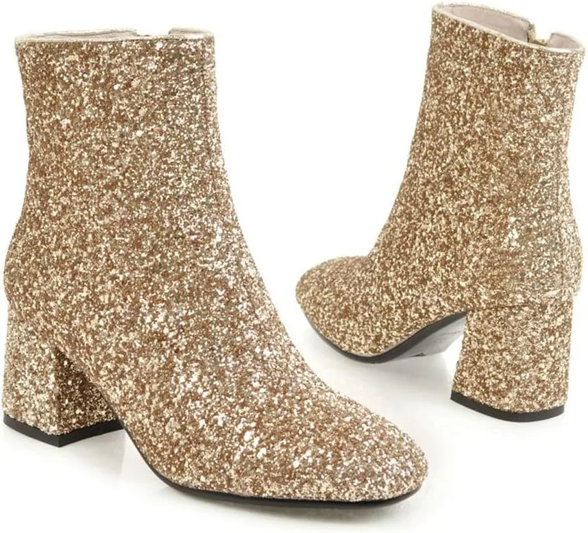 Elbslutt Women's Glitter Sparkly Booties Chunky Heels Ankle Boots Back Zipper Block Heeled Short Sequin Boots Wedding Bridal Party Dress Shoes