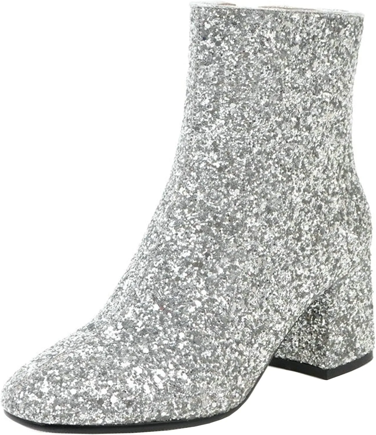 Elbslutt Women's Glitter Sparkly Booties Chunky Heels Ankle Boots Back Zipper Block Heeled Short Sequin Boots Wedding Bridal Party Dress Shoes