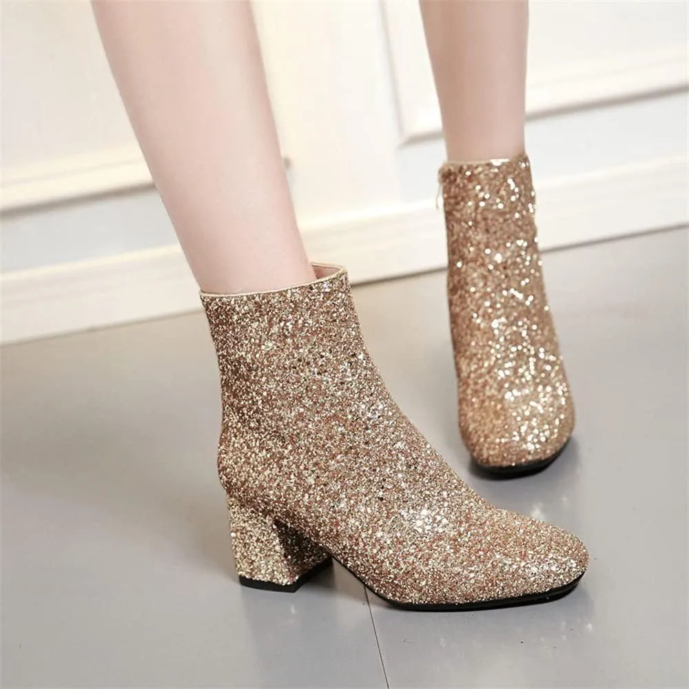 Elbslutt Women's Glitter Sparkly Booties Chunky Heels Ankle Boots Back Zipper Block Heeled Short Sequin Boots Wedding Bridal Party Dress Shoes