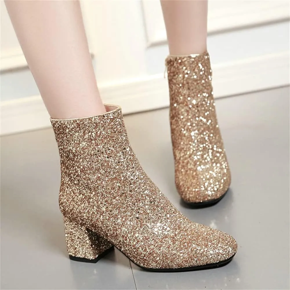 Elbslutt Women's Glitter Sparkly Booties Chunky Heels Ankle Boots Back Zipper Block Heeled Short Sequin Boots Wedding Bridal Party Dress Shoes