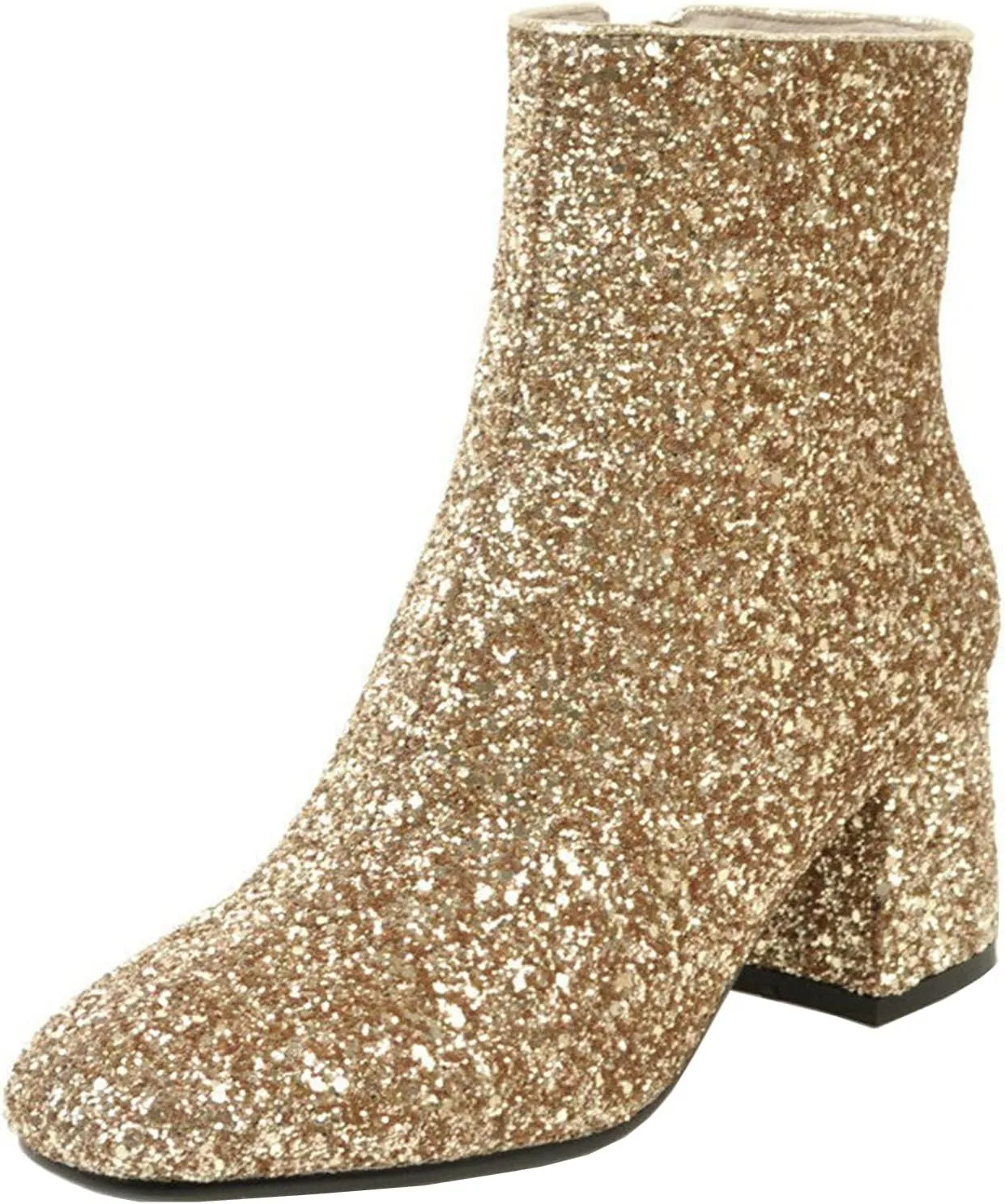 Elbslutt Women's Glitter Sparkly Booties Chunky Heels Ankle Boots Back Zipper Block Heeled Short Sequin Boots Wedding Bridal Party Dress Shoes