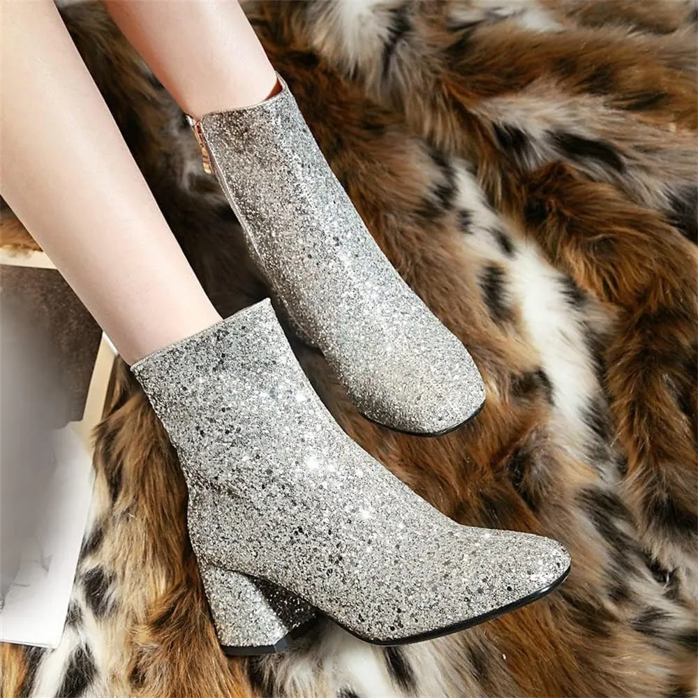 Elbslutt Women's Glitter Sparkly Booties Chunky Heels Ankle Boots Back Zipper Block Heeled Short Sequin Boots Wedding Bridal Party Dress Shoes