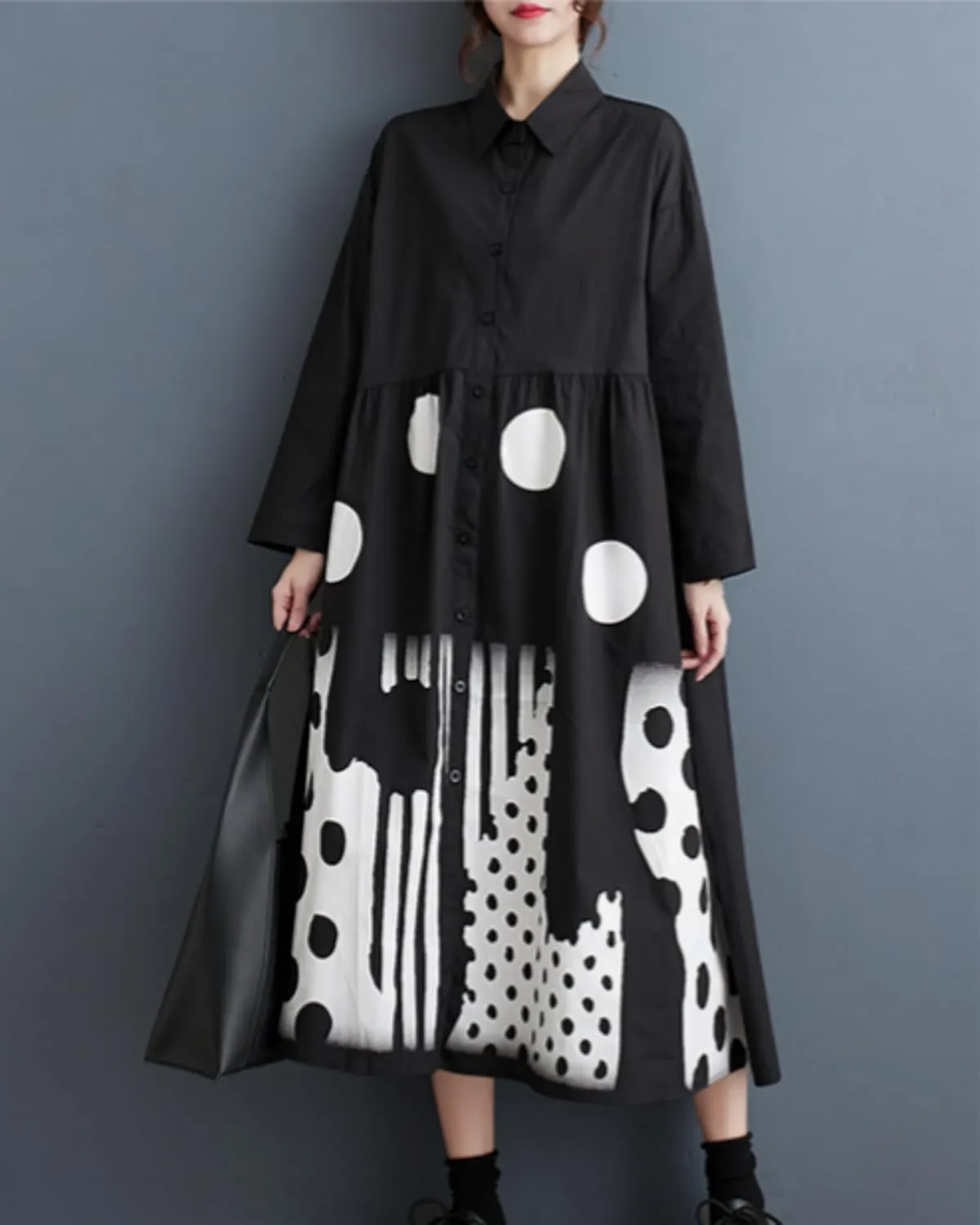ellazhu Womens Fall Casual Patchwork Funky Long Sleeve Designer Dress Loose Blouse GY2787 A