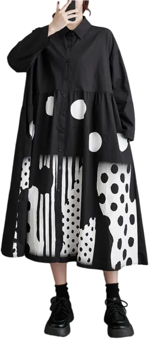 ellazhu Womens Fall Casual Patchwork Funky Long Sleeve Designer Dress Loose Blouse GY2787 A