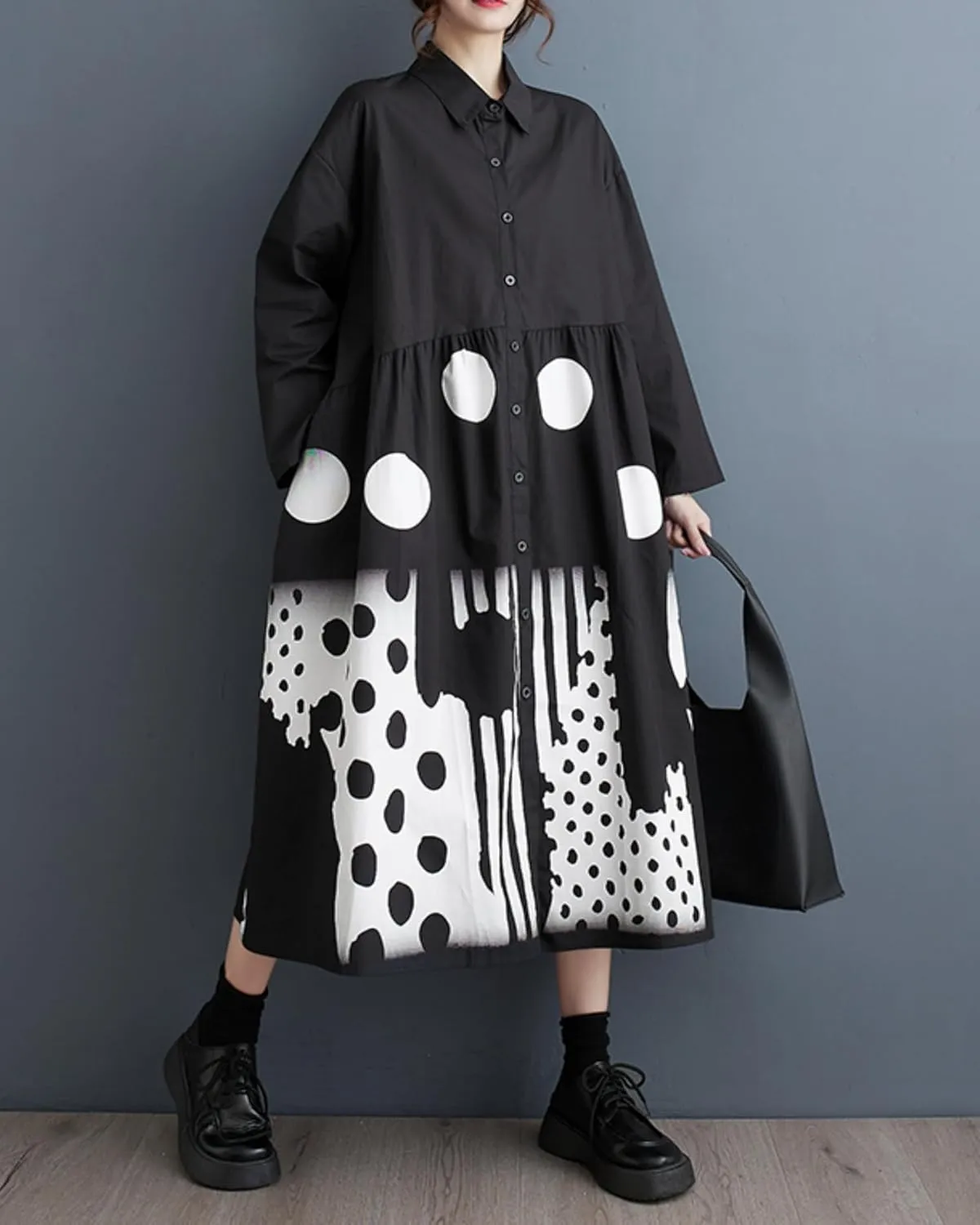 ellazhu Womens Fall Casual Patchwork Funky Long Sleeve Designer Dress Loose Blouse GY2787 A