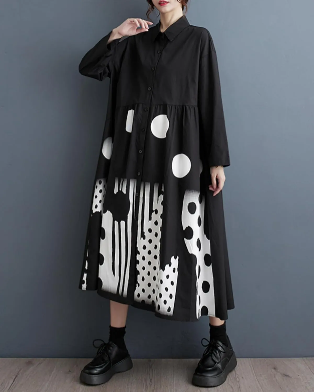 ellazhu Womens Fall Casual Patchwork Funky Long Sleeve Designer Dress Loose Blouse GY2787 A