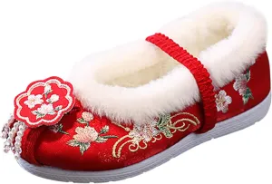 EnJoCho Riding Boots Girls Cotton Shoes Ancient Costume Hanfu Shoes Children Baby Cloth Shoes New (Red, 3.5-4 Years Toddler)